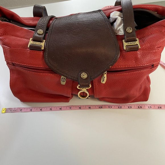 VALENTINA Double Strap Soft Red Brown Leather Zipper Pouch Pockets Gold Hardware - Picture 15 of 16